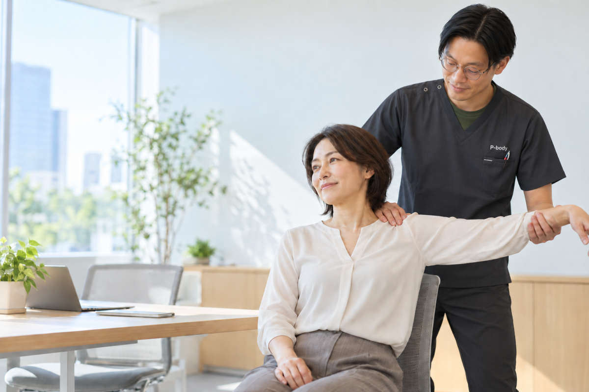 職場で肩の動きをサポートするコンディショニングのイメージ
