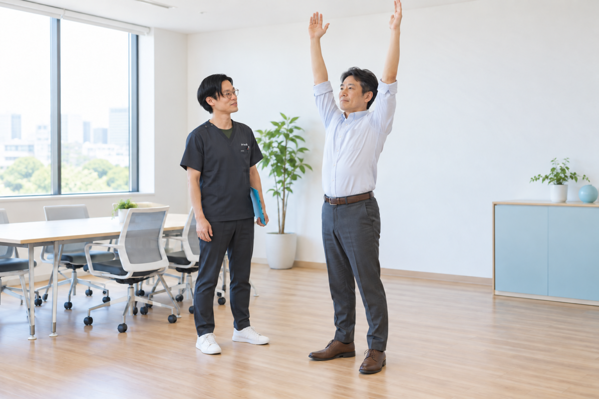 腕を上げる動きを観察して身体機能を評価するイメージ